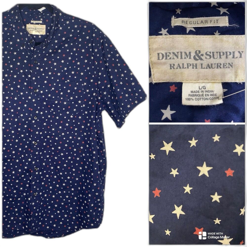 Denim & Supply Ralph Lauren Patriotic Shirt Men L Button Front Stars USA Blue